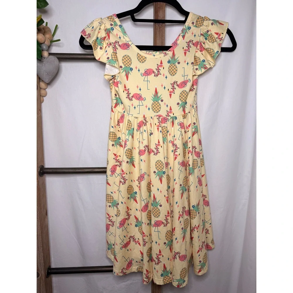 Dot Dot Smile Girls Yellow Flamingo Pineapple Flutter Sleeve Dress Size 7